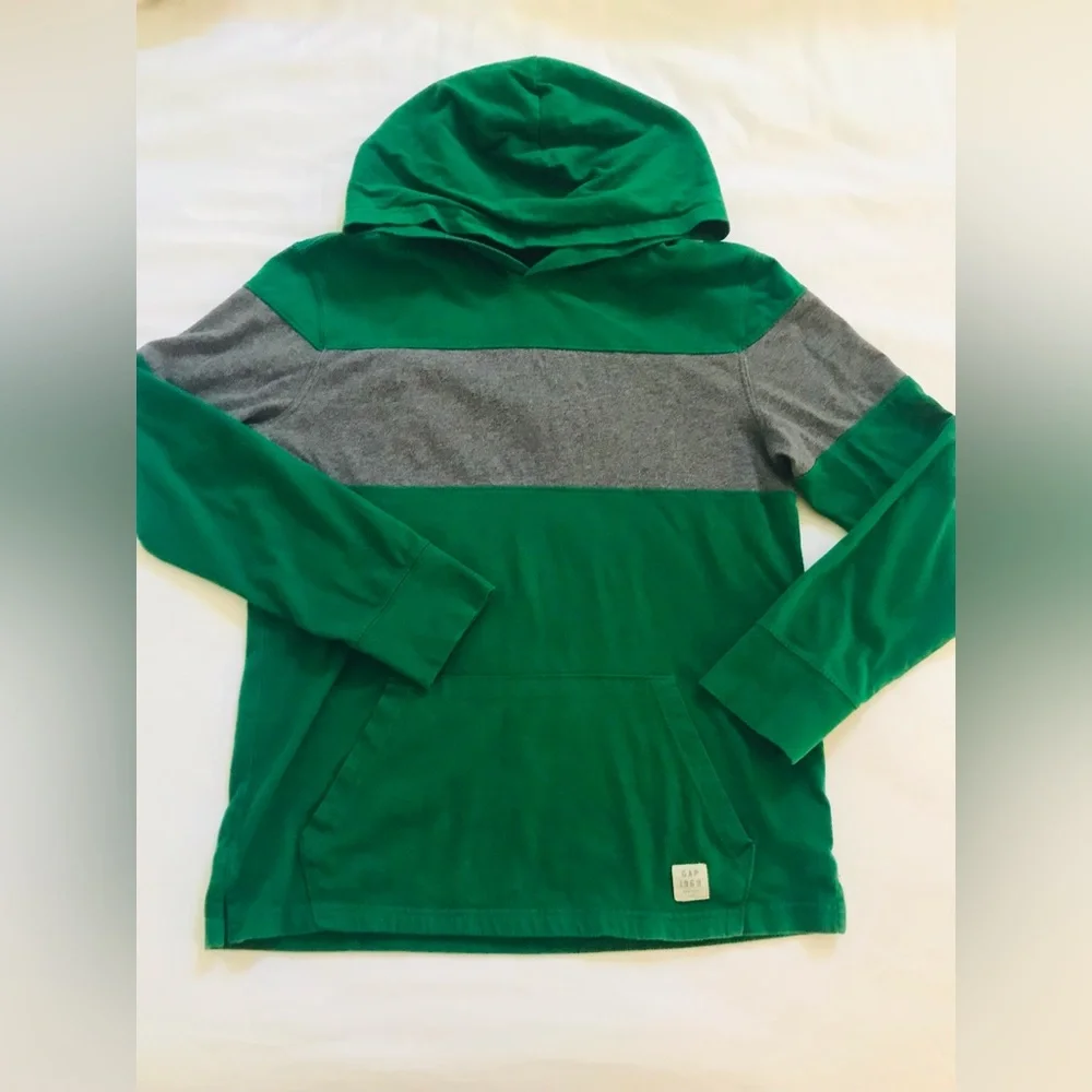 GAP 1969 Green / Gray Stripe Hooded Kid’s Long Sleeve T-Shirt 14/16 Vintage EUC